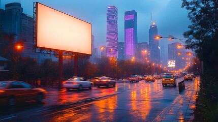 Obraz premium Illuminated Urban Billboard Scene with Skyscrapers and Busy Street at Dusk