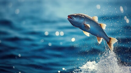 Obraz premium A large fish jumping out of the water against a deep blue ocean backdrop, capturing the dynamic moment of its leap