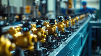 Fototapeta premium An assembly line for industrial valves, where workers are meticulously assembling and testing each unit