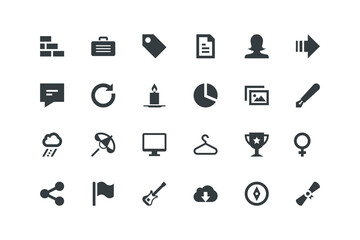 Arrow, Brick wall, Candle, Certificate, Compass, Download, Electric guitar, Flag, Gender, Goblet, set of icons for web design, vector illustration