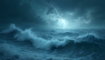 Obraz premium turbulent ocean waves during a storm, dark clouds swirling above with flashes of lightning illuminating the water background wallpaper