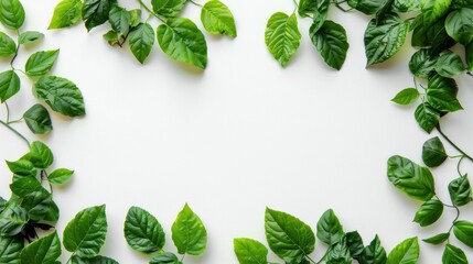 Naklejka premium Green leaves frame on a white background, perfect for nature themed designs and eco friendly concepts Ideal for backgrounds or botanical illustrations