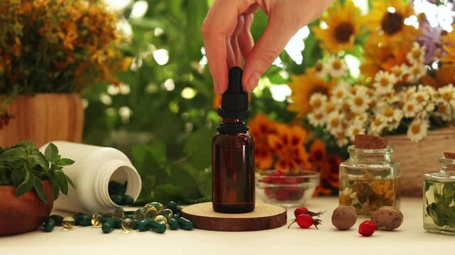 A woman's hand holds a dropper over a glass bottle with natural healing oil. Fresh herbs, capsules and ingredients on the table surrounded by plants and flowers. Herbal medicine and homeopathy concept