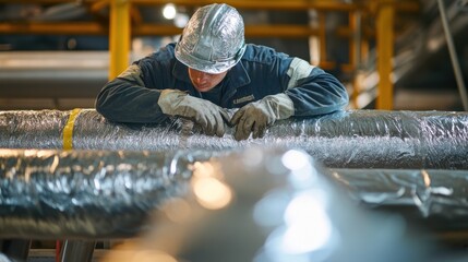 An installation scene where workers are fitting insulation around steel pipes in an industrial setting