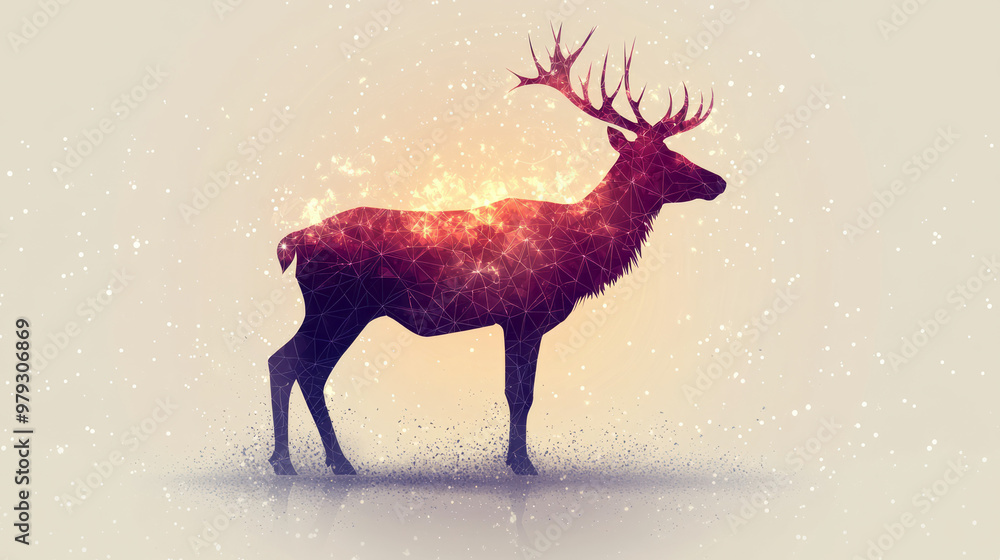 Poster a geometric reindeer silhouette made of triangles and hexagons, softly illuminated from within,