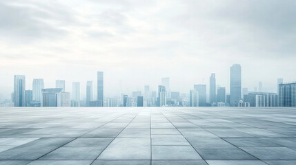 Empty tile floor with city skyscrapers in the background