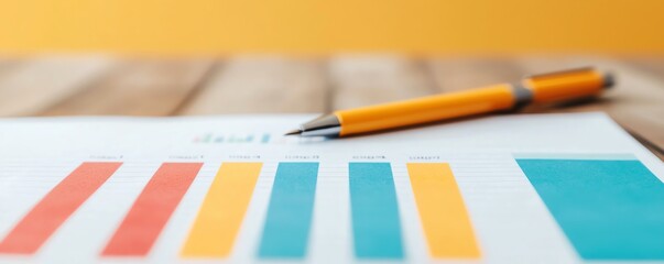 A colorful bar chart on paper with a pen, showcasing data analysis and reporting on a wooden table. Perfect for business themes.