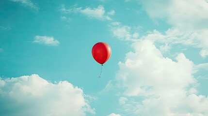 Fototapeta premium A single red balloon drifting high in the sky, standing out against the soft white clouds in a serene, peaceful atmosphere