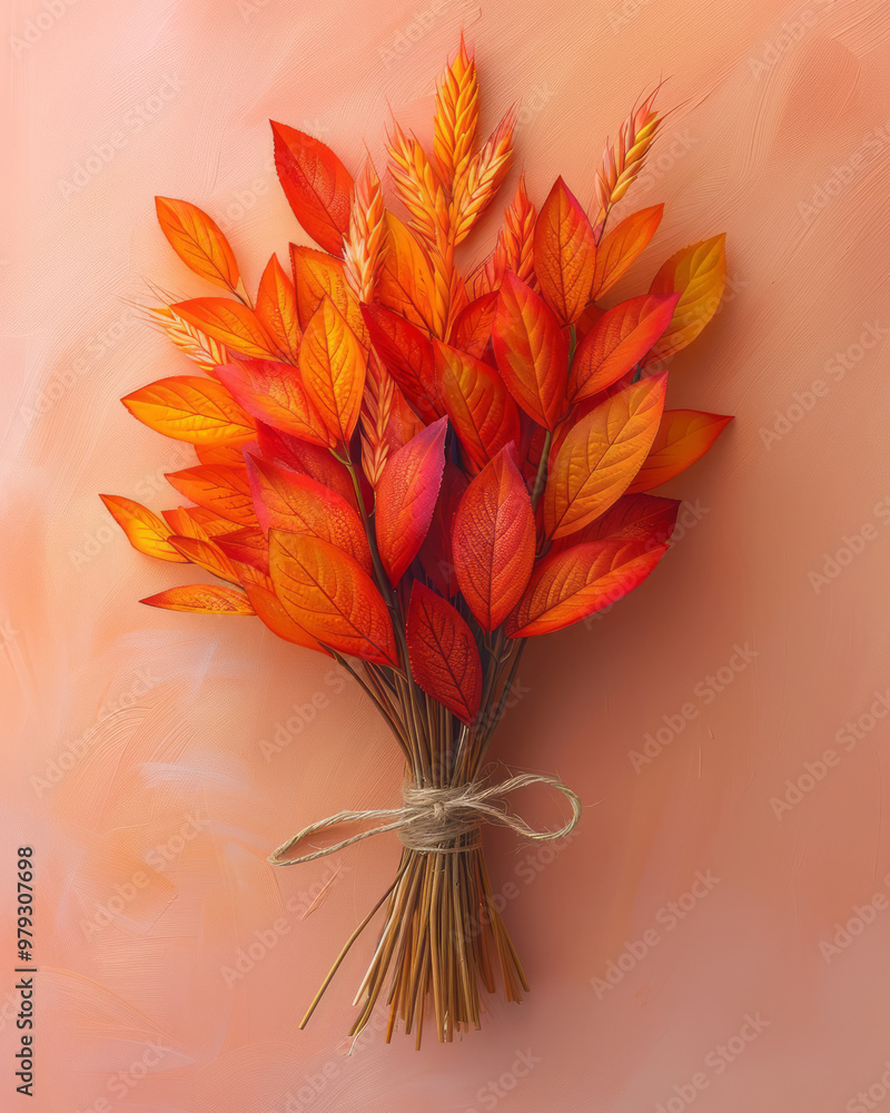 Poster a bundle of colorful autumn leaves and wheat stalks tied together with a twine bow, symbolizing the 