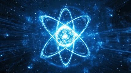 Glowing Blue Atomic Structure with Energy Rings, symbolizing science, energy, and molecular structures in a dark cosmic backdrop