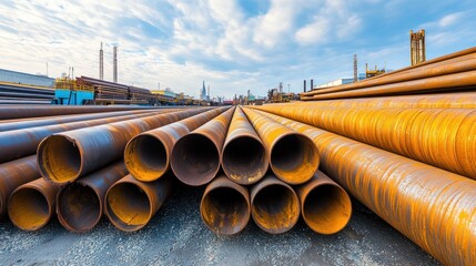 An outdoor storage area filled with large steel pipes stacked in rows