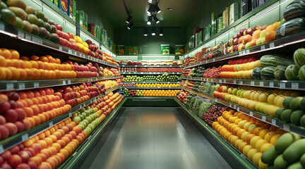 Fototapeta premium A grocery store fruits vegetables shelf front view, green interior, a lot of different product there. Generative AI.
