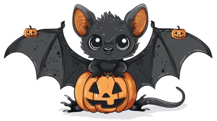 Adorable of a cute black bat sitting on an orange pumpkin with a spooky Halloween atmosphere perfect for holiday party invitations