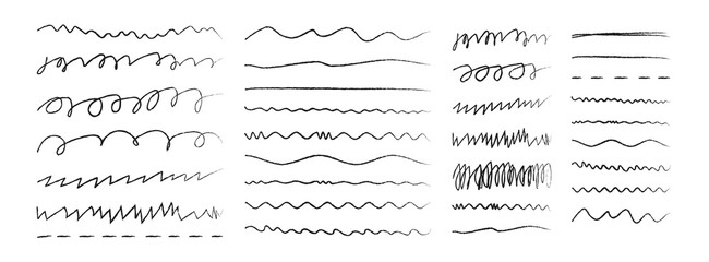 Black crayon or charcoal Isolated underlines and strike through. Doodle lines with grunge pastel pencil texture. Hand drawn rough strokes. Vector illustration on white background