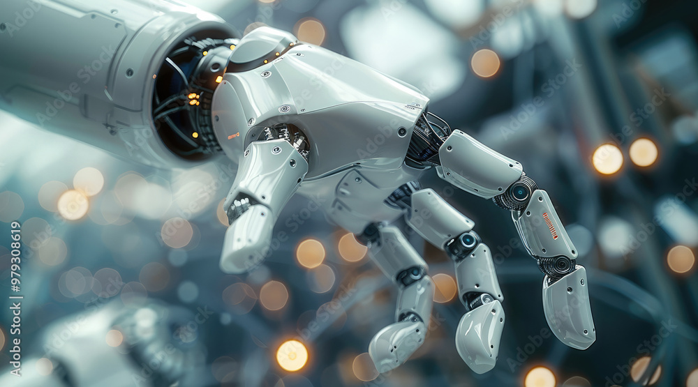 Poster Robot arm and communication network concept. Industrial technology. Generative AI.