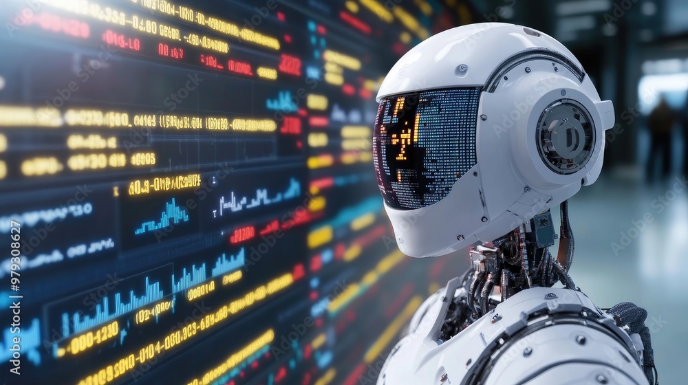 Poster robots equipped with ai analyze financial markets, making predictions and executing trades, showcasi