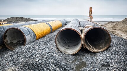 At a coastal construction site, workers are installing stormwater drainage pipes to prevent flooding