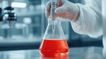 A laboratory scene featuring a scientist adding a dropper of liquid to a red solution in a glass flask.