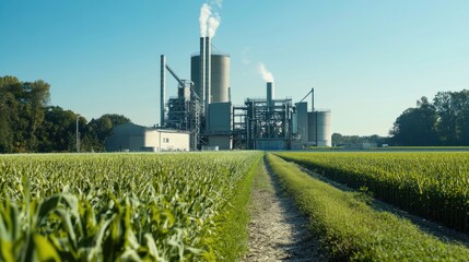 A biomass power plant surrounded by fields of energy crops and forests.