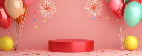 A festive scene featuring colorful balloons and confetti with a red platform, perfect for celebrations and events.