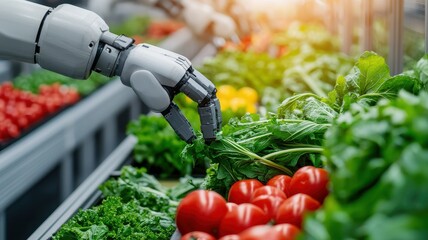 A robotic hand carefully selecting fresh vegetables in a modern grocery store, showcasing technology in agriculture.