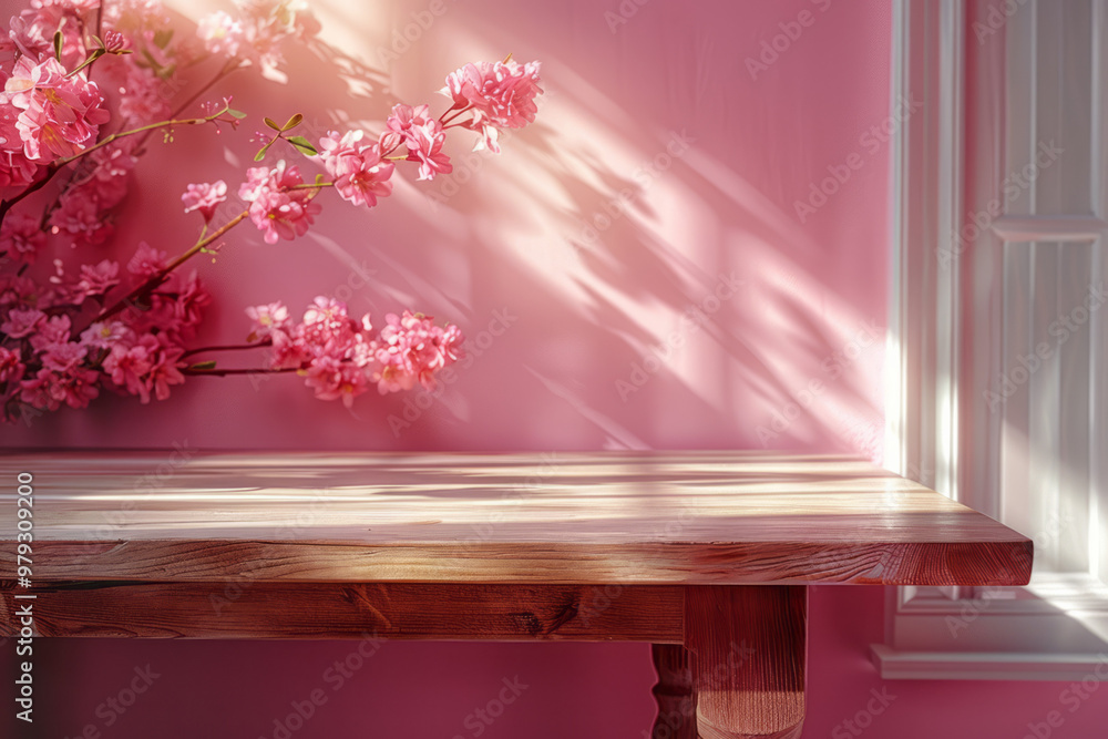 Poster A smooth, polished oak table with a subtle glossy finish, creating reflections of soft light,