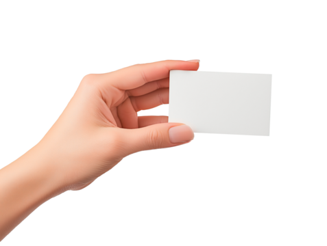 Human hand presenting blank business card on isolated background. Mockup design.