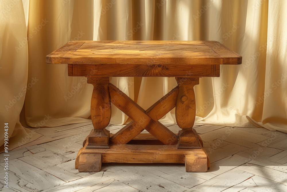 Poster A small, square wooden table with a herringbone pattern on the surface, adding visual interest,