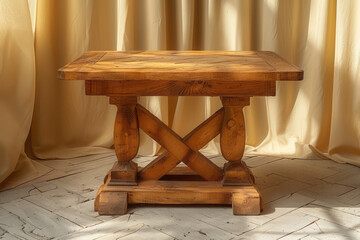 A small, square wooden table with a herringbone pattern on the surface, adding visual interest,