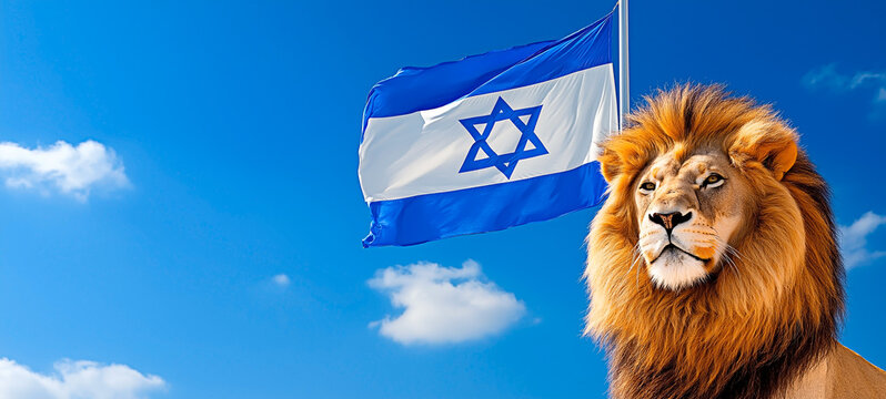 Symbolic lion with israel national flag under blue sky.
