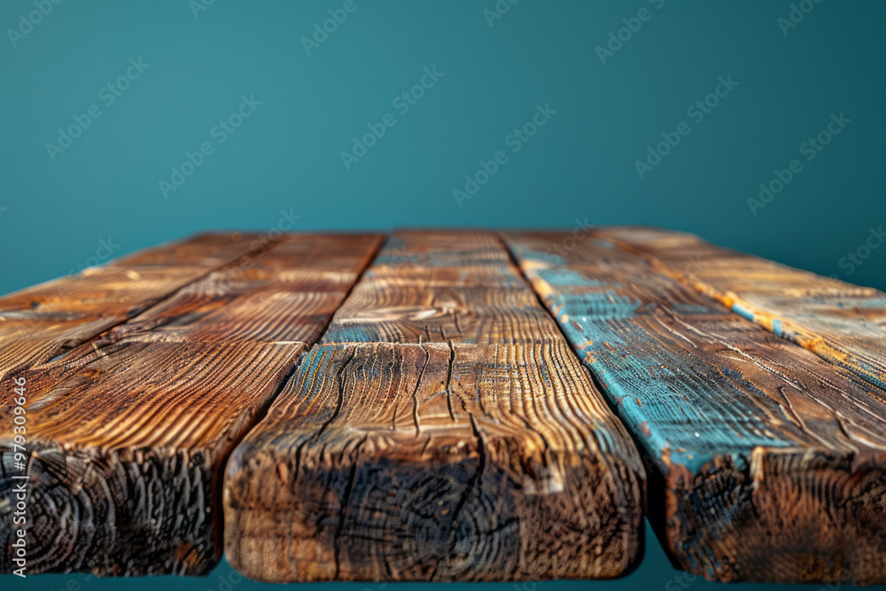 Poster a wide, rectangular table made of reclaimed wood, with visible grain and texture,