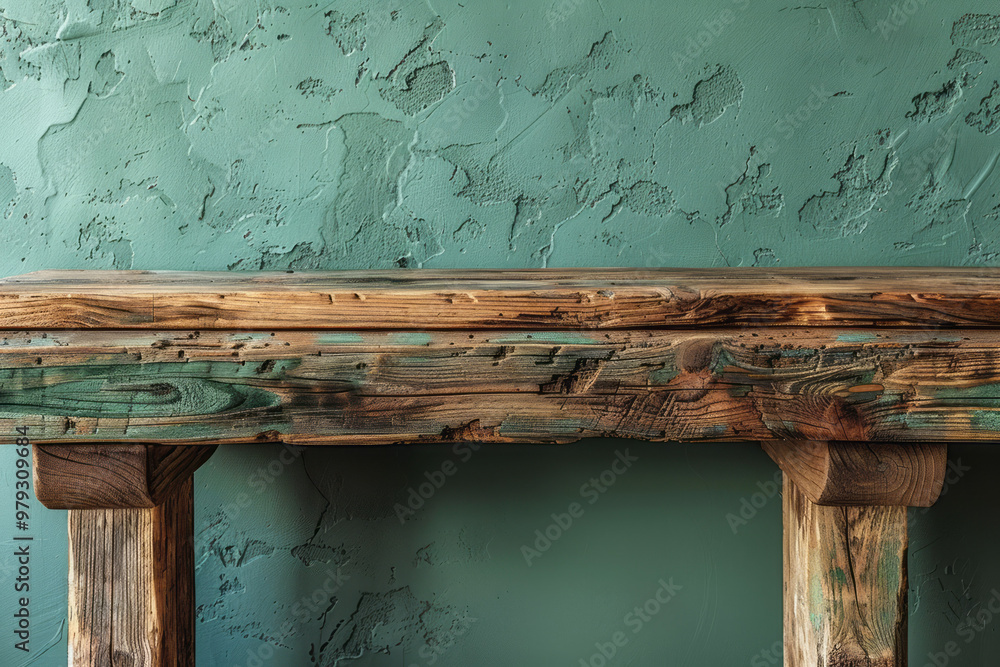 Poster a wide, rectangular table made of reclaimed wood, with visible grain and texture,