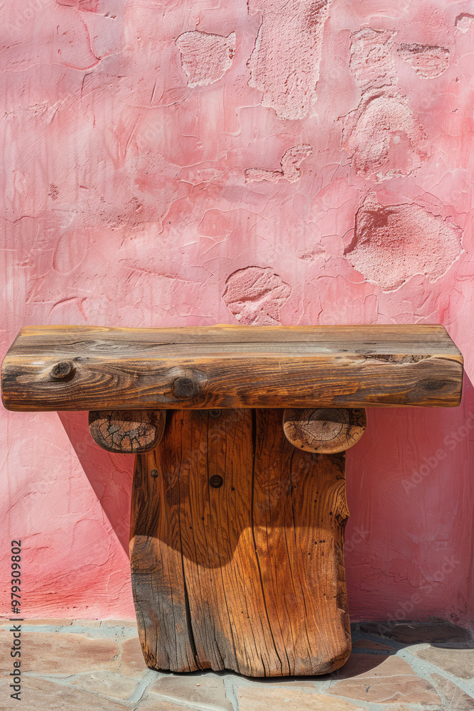 Poster a reclaimed wood table with an uneven, hand-carved surface, adding a rustic and handcrafted appeal,