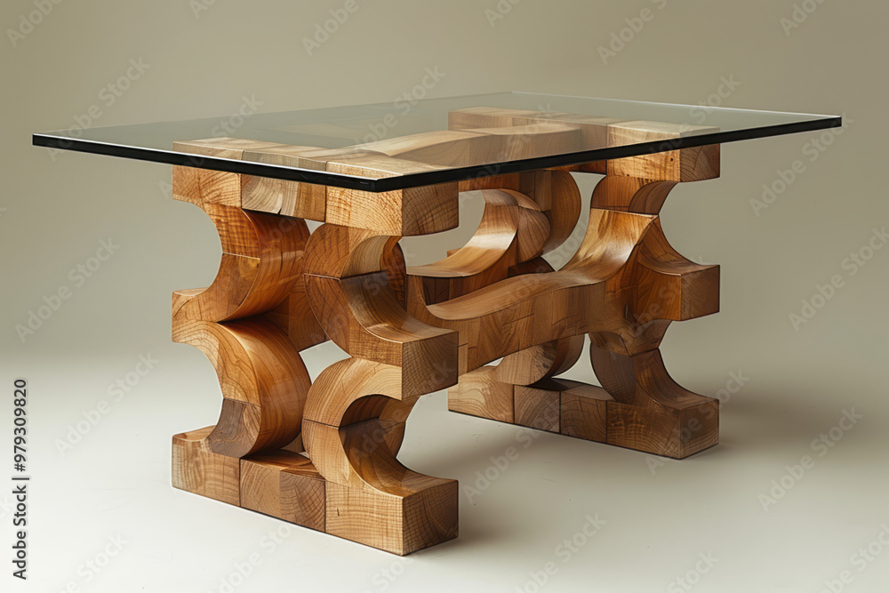 Poster a modern, glass-topped wooden table with exposed joints, blending transparency and solidity,