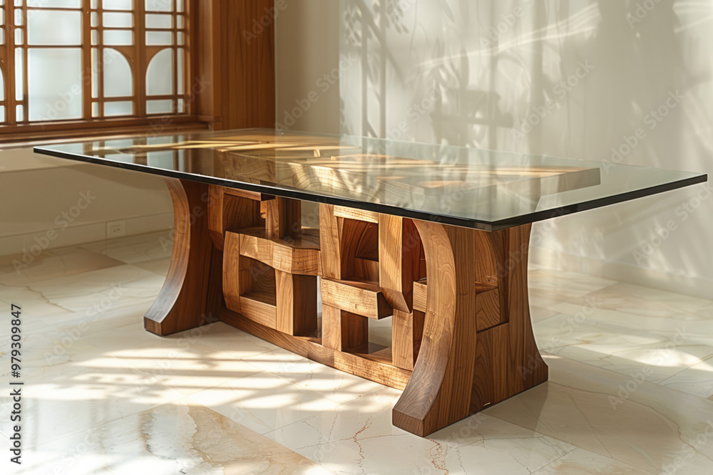 Poster a modern, glass-topped wooden table with exposed joints, blending transparency and solidity,