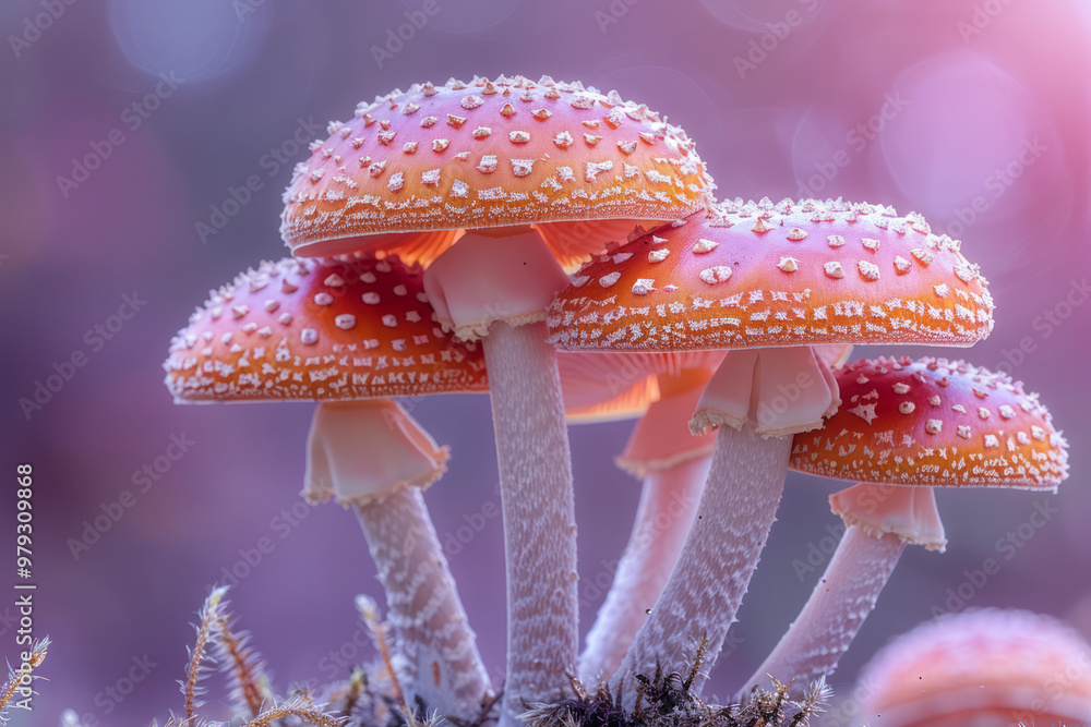 Poster a macro view of vibrant red and white spotted mushrooms growing in a small bunch, illuminated by sof