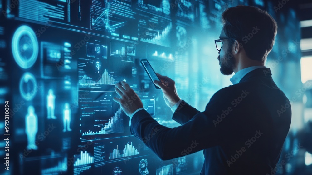 Poster an image of a business consultant using ai-driven tools to analyze market trends and provide strateg