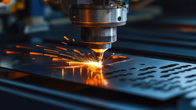 A close-up of a metal sheet being cut by a high-precision laser cutter