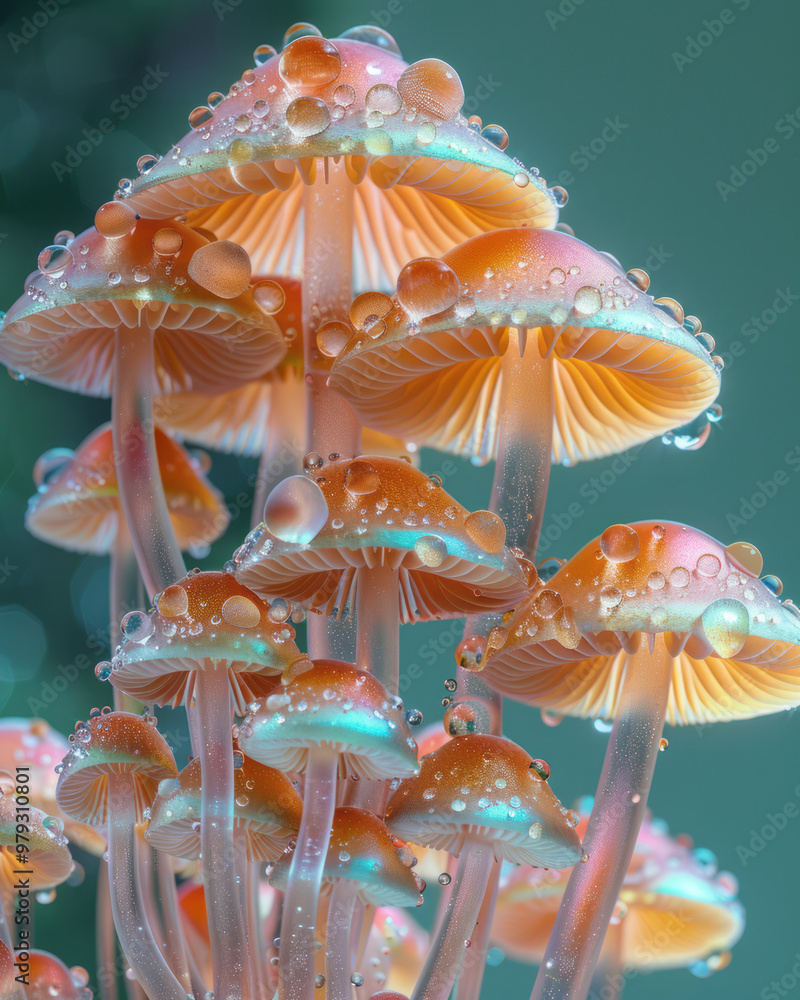 Poster a bunch of unique, iridescent mushrooms with a multicolored sheen, clustered closely together,