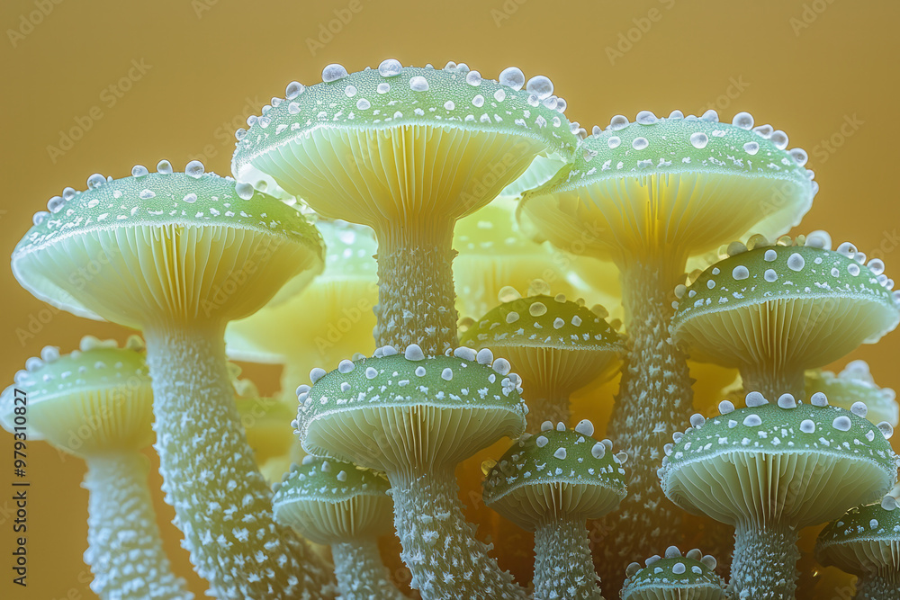 Poster A macro view of small, luminescent green mushrooms growing in a circular cluster, emitting a gentle glow,