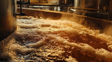 A close-up of the mashing process, where milled malt is mixed with hot water to extract sugars