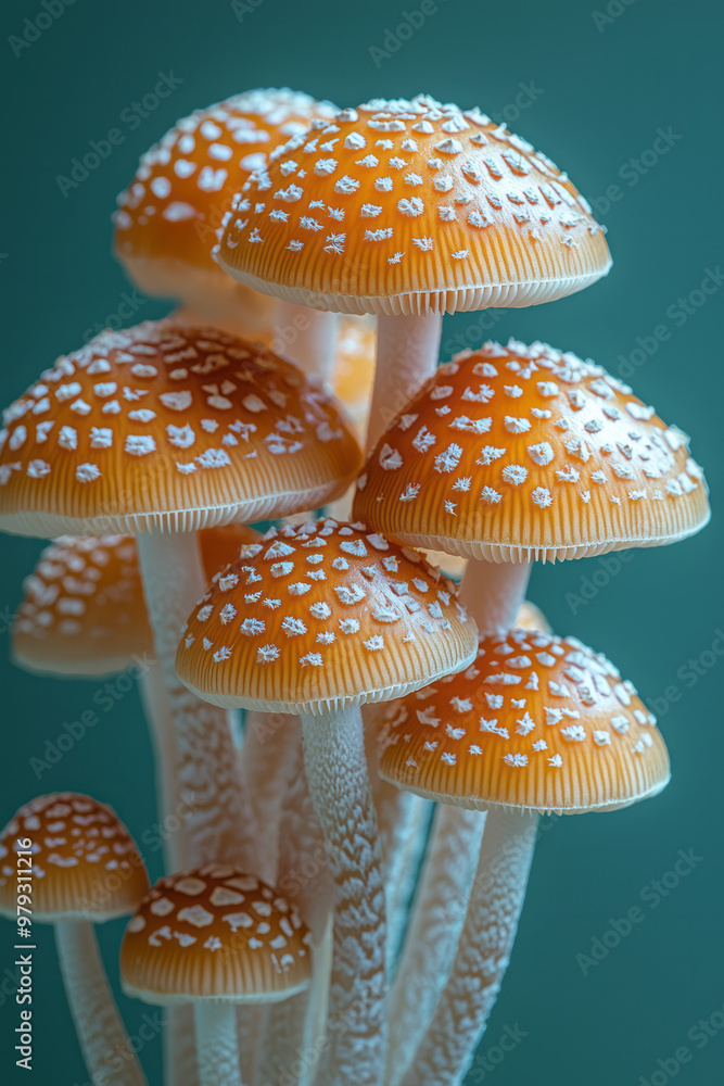 Poster A macro view of a bunch of tiny orange mushrooms with thin, delicate stems, softly illuminated by diffused light,