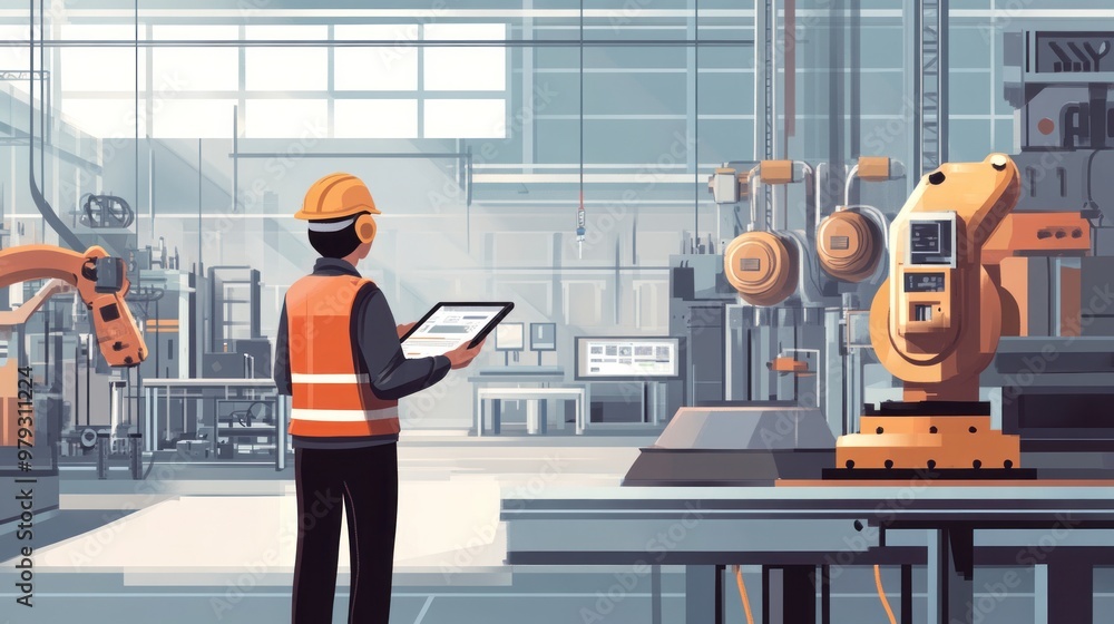 Poster an industrial engineer in a manufacturing plant, analyzing production line efficiency with a tablet 