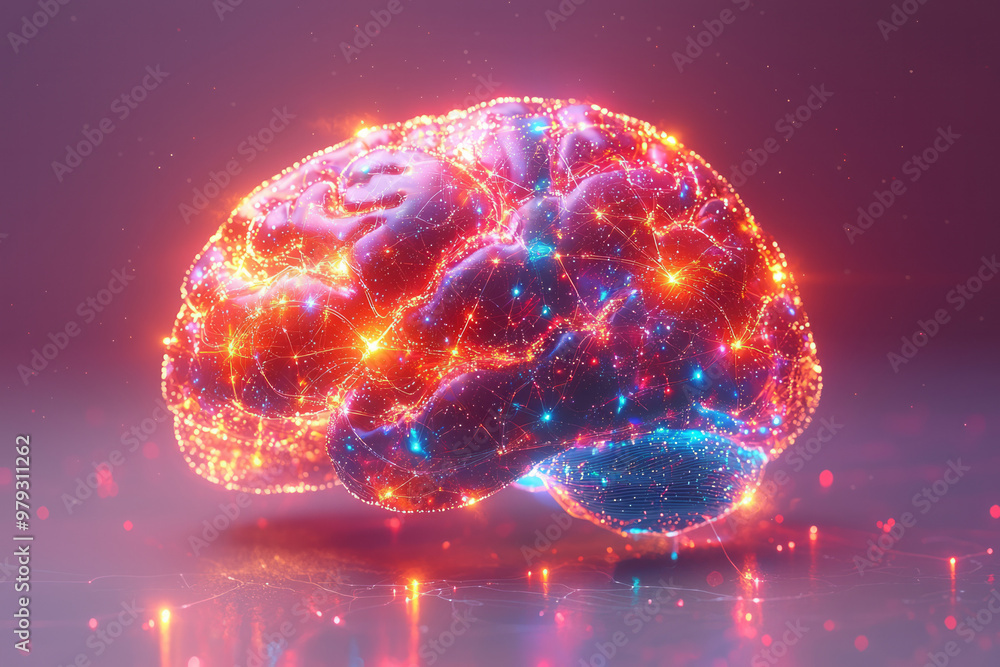 Poster a conceptual image of a brain with highlighted areas showing dopamine release, glowing with vibrant 