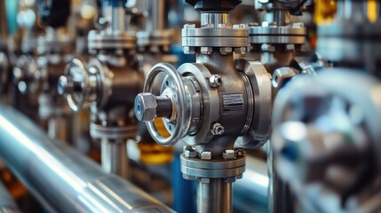 A close-up view of a complex array of industrial valves in a high-pressure pipeline system