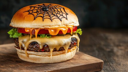 A delicious cheeseburger with a Halloween twist, featuring melted cheese, fresh vegetables, and a spider web design on the bun.