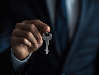 A detailed close-up of a business professional in a suit, holding a silver key, symbolizing opportunity, success, and unlocking potential.