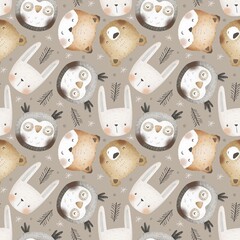 Obraz premium Seamless pattern with cartoon animals. Forest. flat style. hand drawing. Baby design for fabric, textile, print, wrapper. 