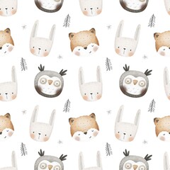 Obraz premium Seamless pattern with cartoon animals. Forest. flat style. hand drawing. Baby design for fabric, textile, print, wrapper.