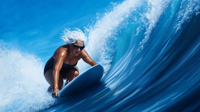 An surfer older woman skillfully surfs a large wave, showcasing her experience and passion for the sport.